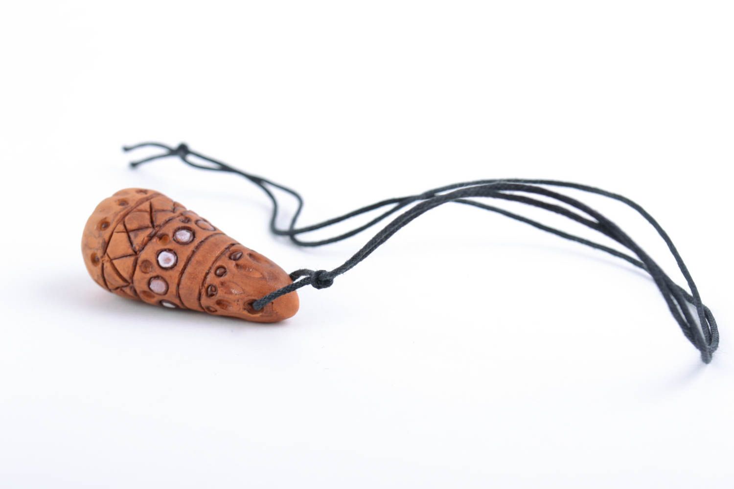 Handmade pendant made of clay unusually shaped brown accessory on long cord photo 3