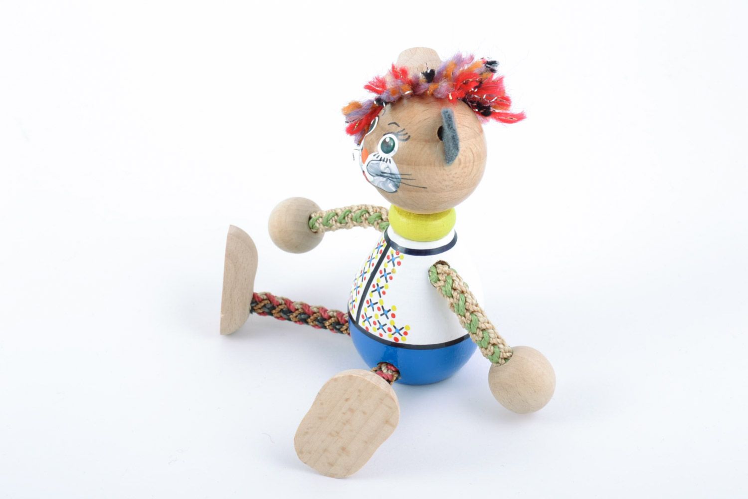 Unusual colorful handmade decorative wooden toy cat with eco painting  photo 3