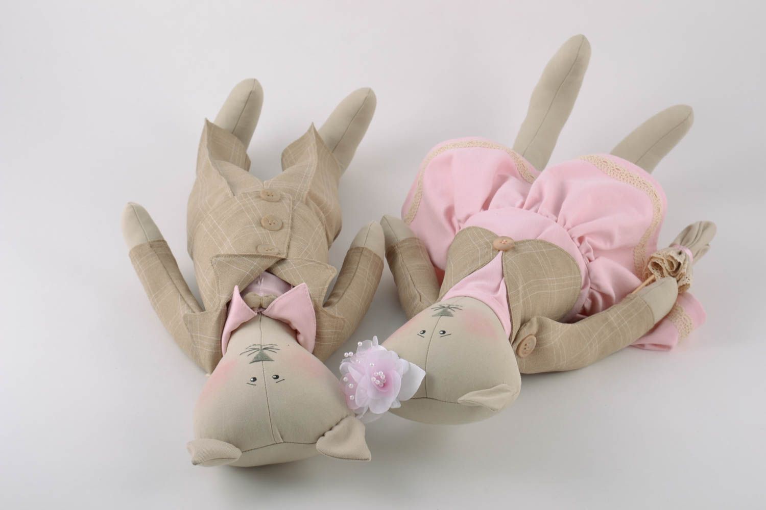 Set of 2 designer handmade linen fabric tender soft toys cat boy and cat girl photo 4