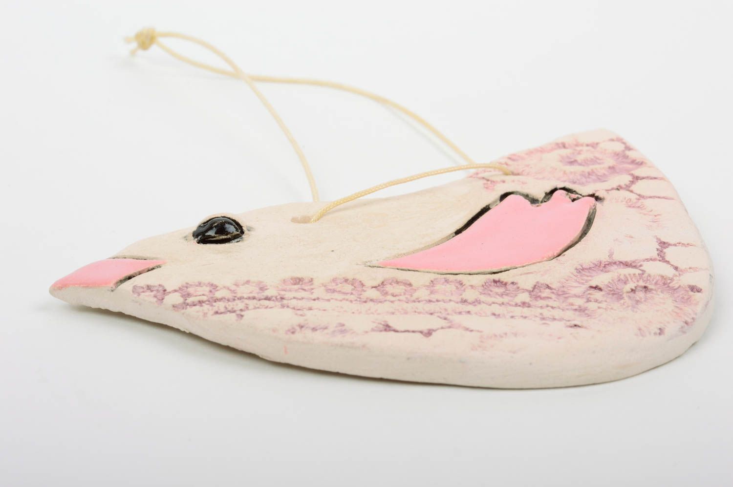 Handmade Deko Anhänger Wand Schmuck Wohn Accessoire süßer rosa Vogel aus Ton foto 3