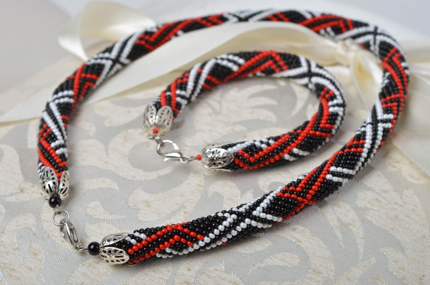 Handmade beaded cord necklace beaded cord bracelet designs jewelry set 2 pieces photo 1