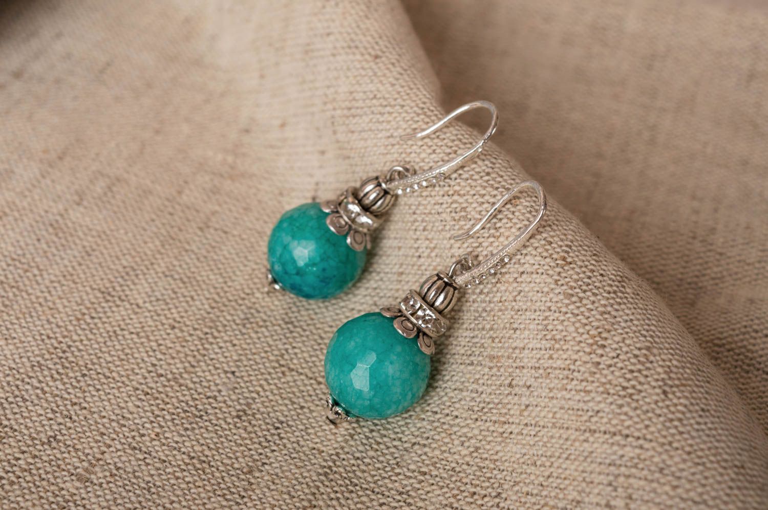 Handmade dangling earrings with agate stone beads and crystal photo 1