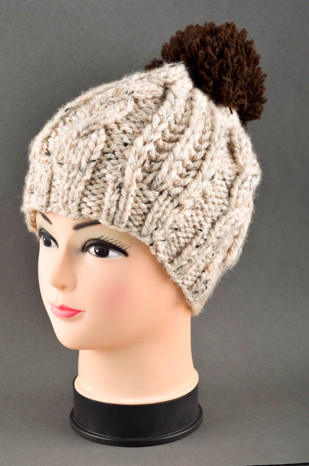 Handmade womens headwear warm winter cap unusual knitted cap with pompon photo 1