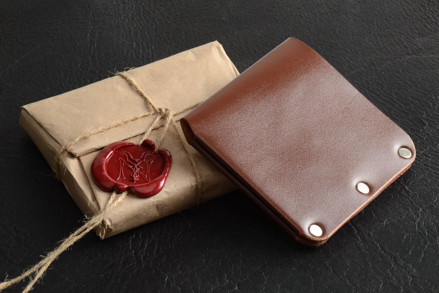 Homemade genuine leather wallet of brown color with laconic design for men photo 1
