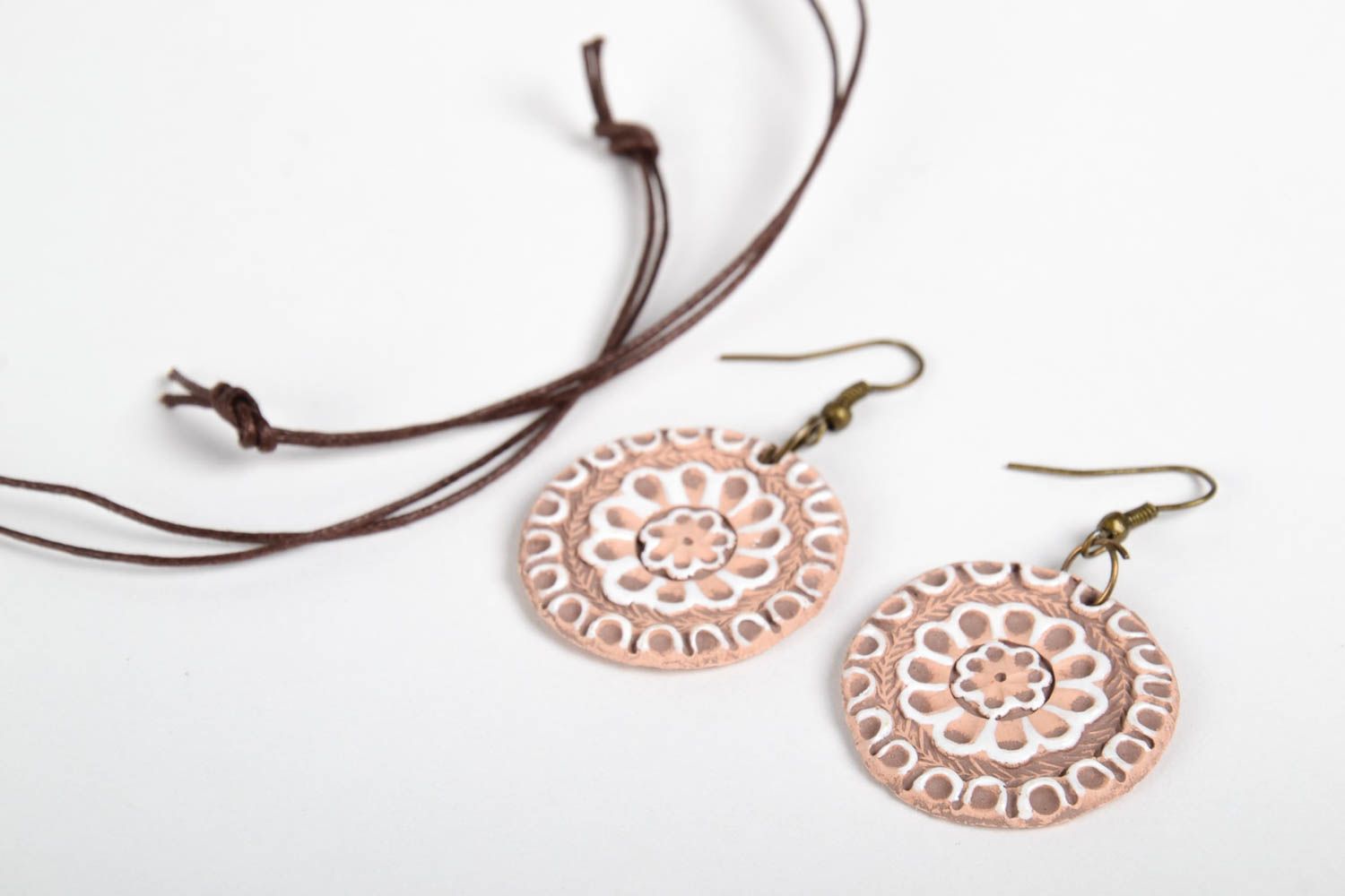 Ethnic dangling earrings handmade round clay pendant jewelry for ladies photo 3