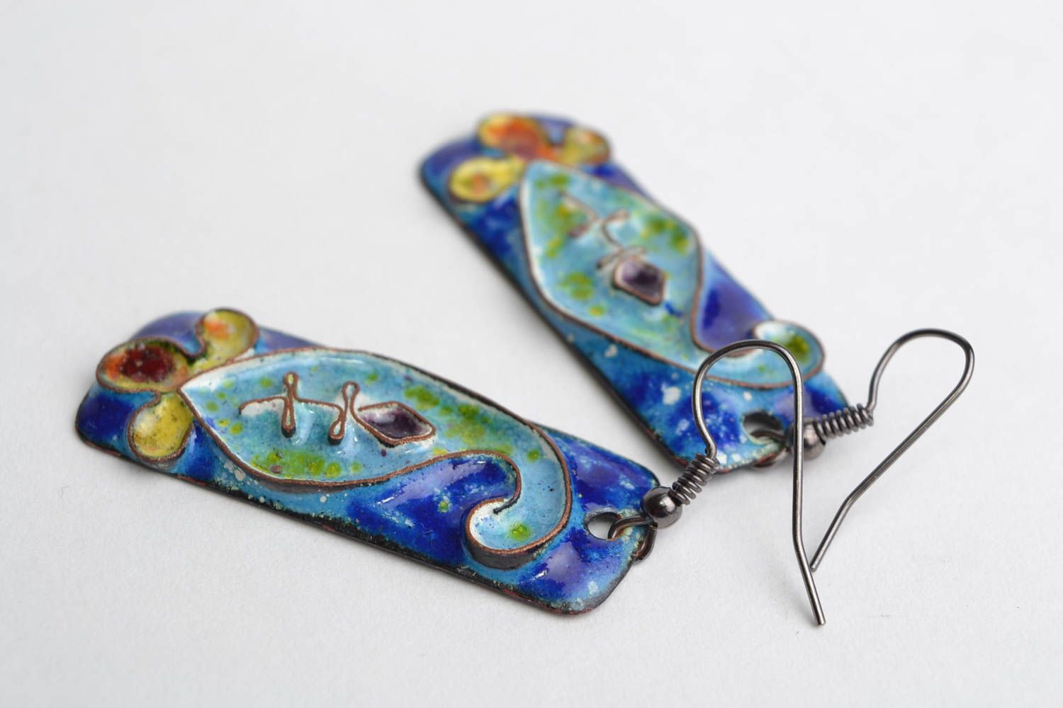 Handmade bright enameled copper rectangular long earrings Blue Flower Buds photo 4