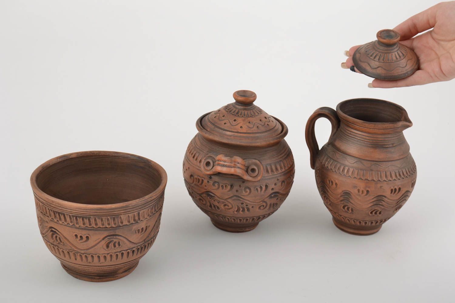 Handmade ceramic pottery set of 12 oz pot, 12 oz milk jug with handle and lid, ceramic bowl for 10 oz 2,5 lb photo 4