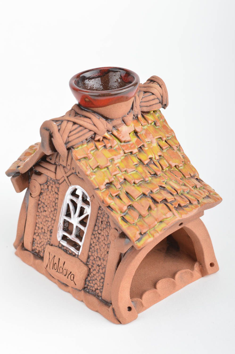 Глиняная аромалампа ручной работы в виде домика с покрытием глазурью красивая фото 5