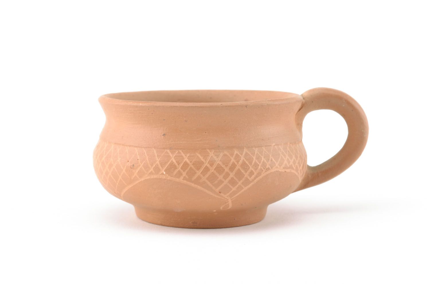 Light wide low clay not glazed coffee cup with handle and simple pattern photo 1