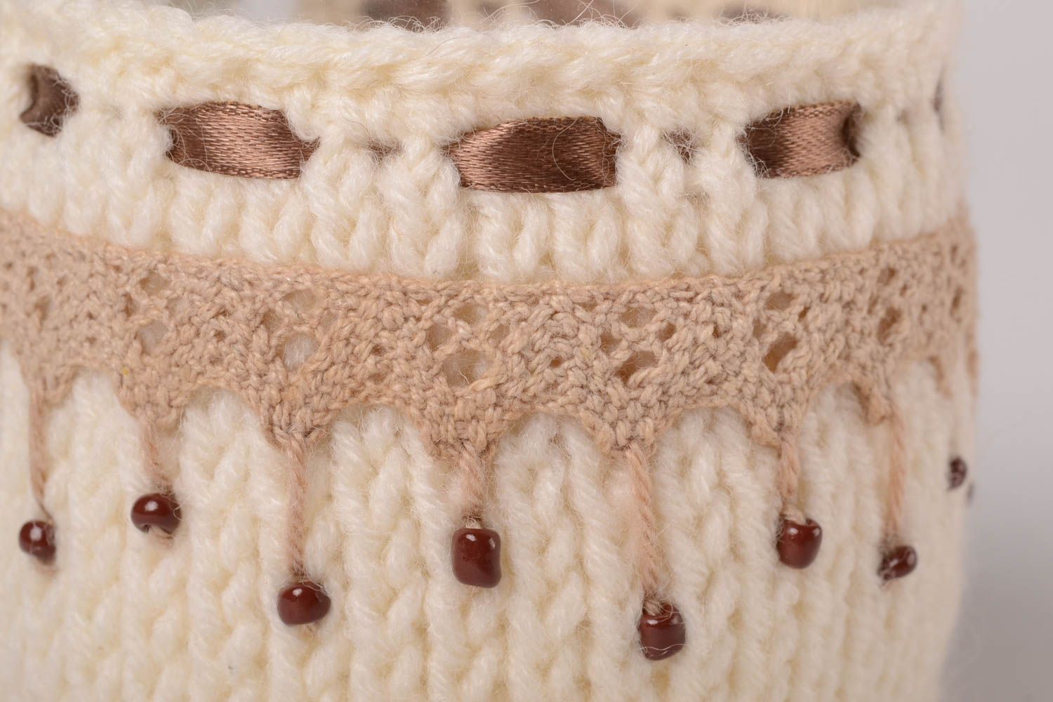 Couvre-tasse tricot fait main Pull pour mug crochet dentelle perles de rocaille photo 3