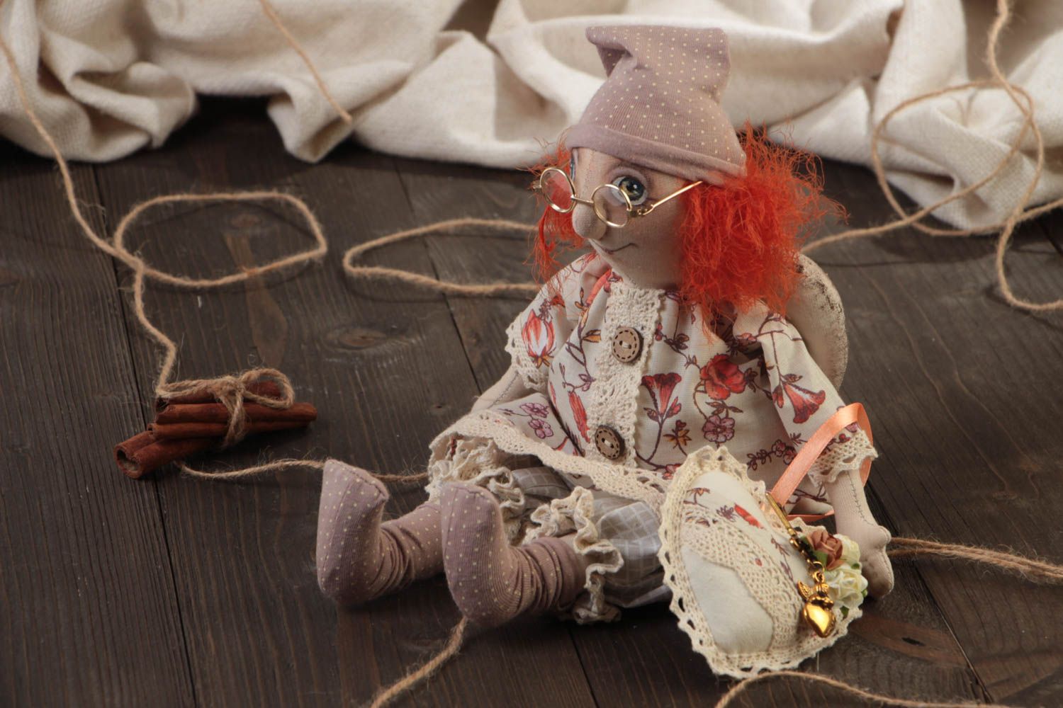 Handmade designer fabric soft doll angel with ginger hair and soft heart photo 1