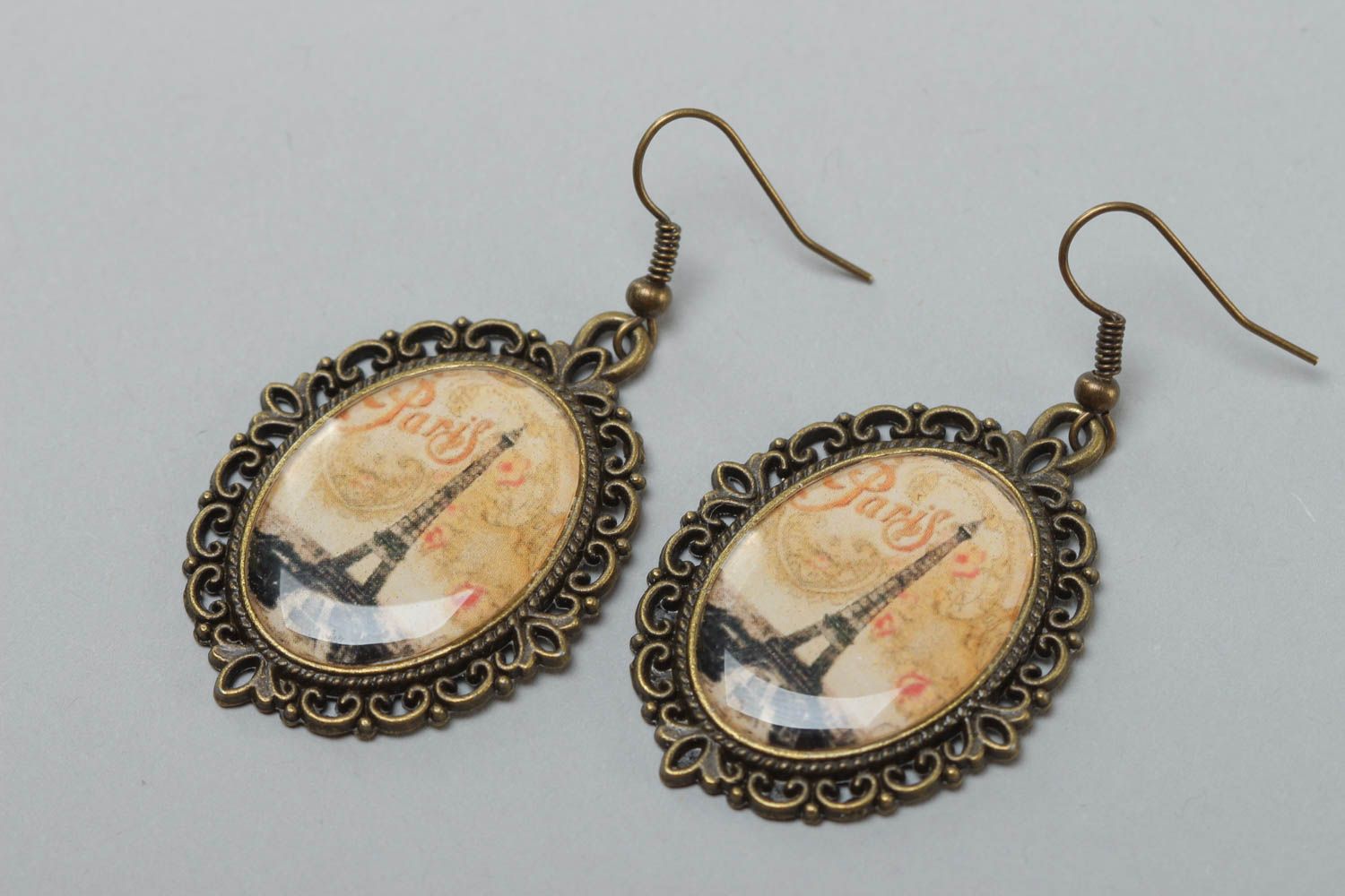 Beautiful handmade long glass glaze earrings in French style photo 2