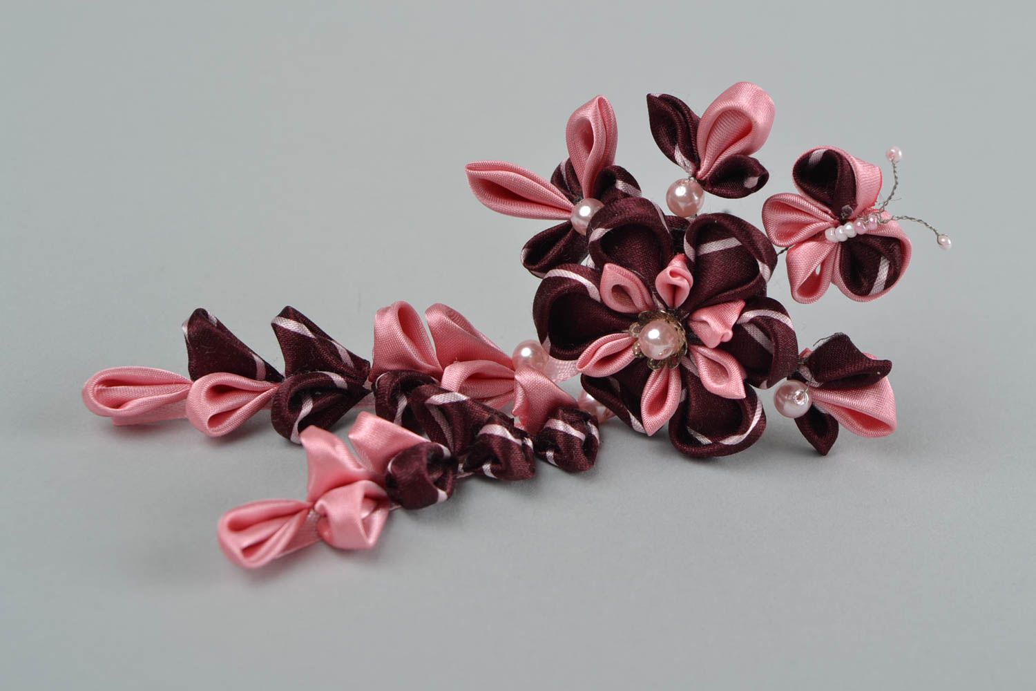 Beautiful large handmade designer hairpin with satin ribbon flower photo 2