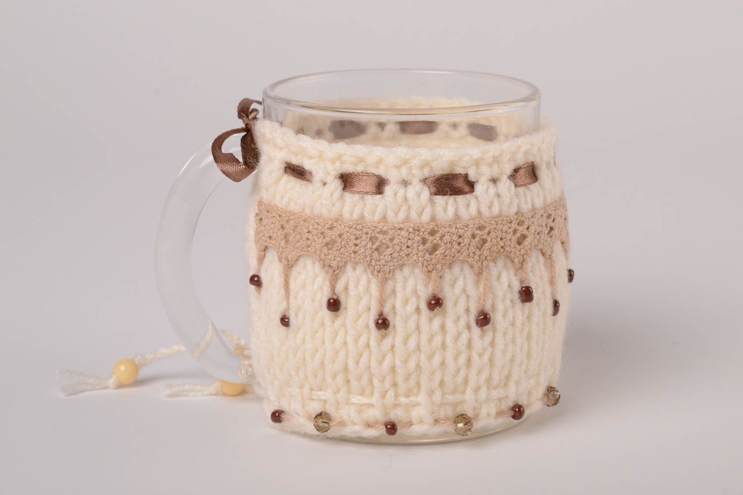 Couvre-tasse tricot fait main Pull pour mug crochet dentelle perles de rocaille photo 1