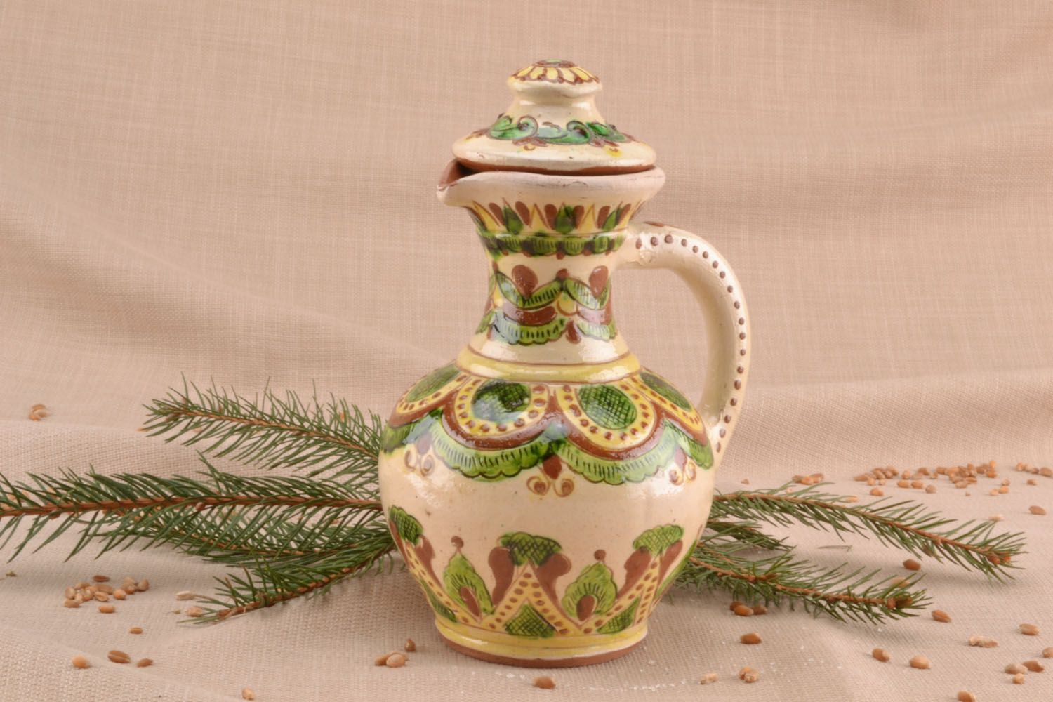 12 oz clay wine carafe with handle and lid in ethnic design 1,3 lb photo 1