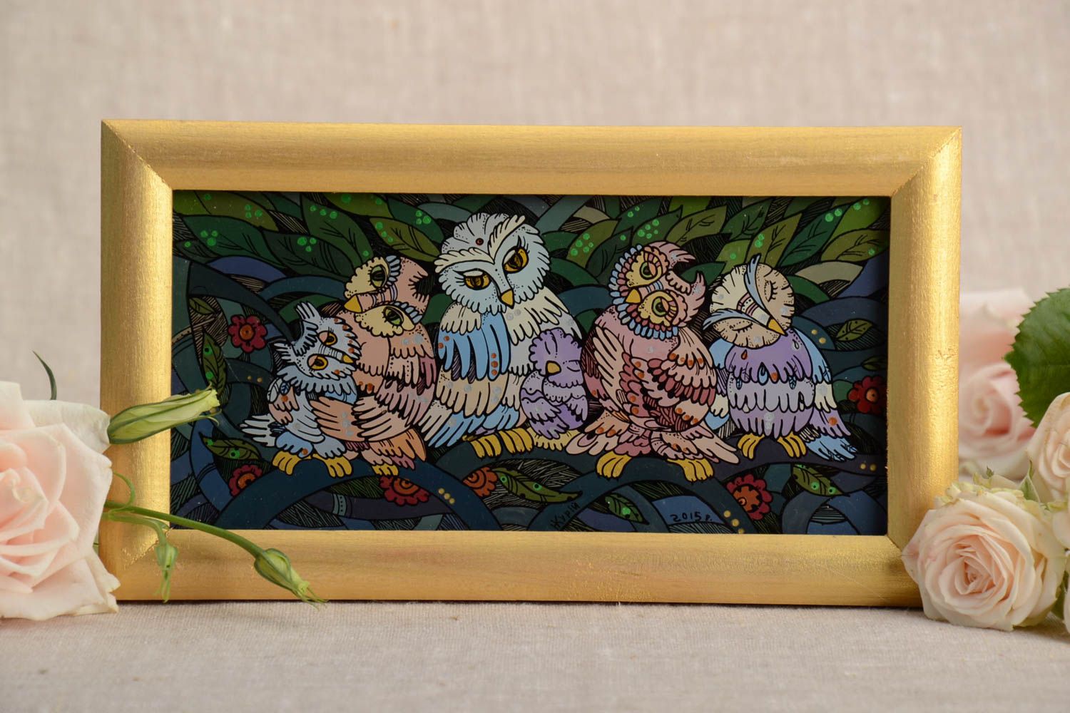 Картина масляными красками в деревянной раме прямоугольная с совами хэнд мейд фото 1