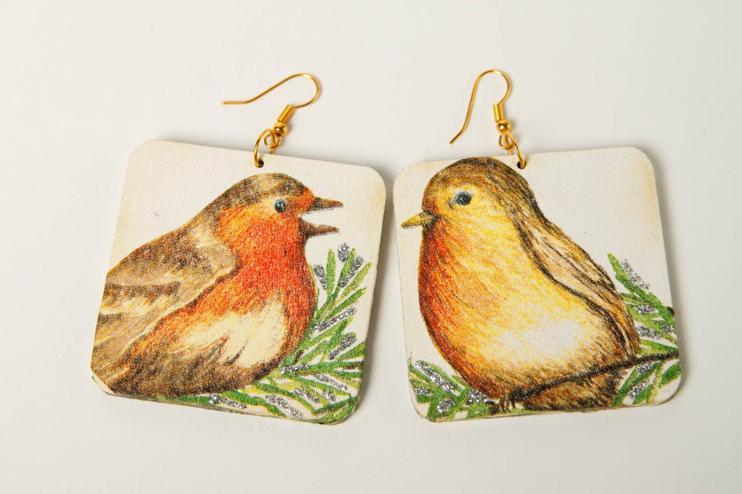 Handmade earrings wooden designer earrings bird patterns decoupage accessories photo 3