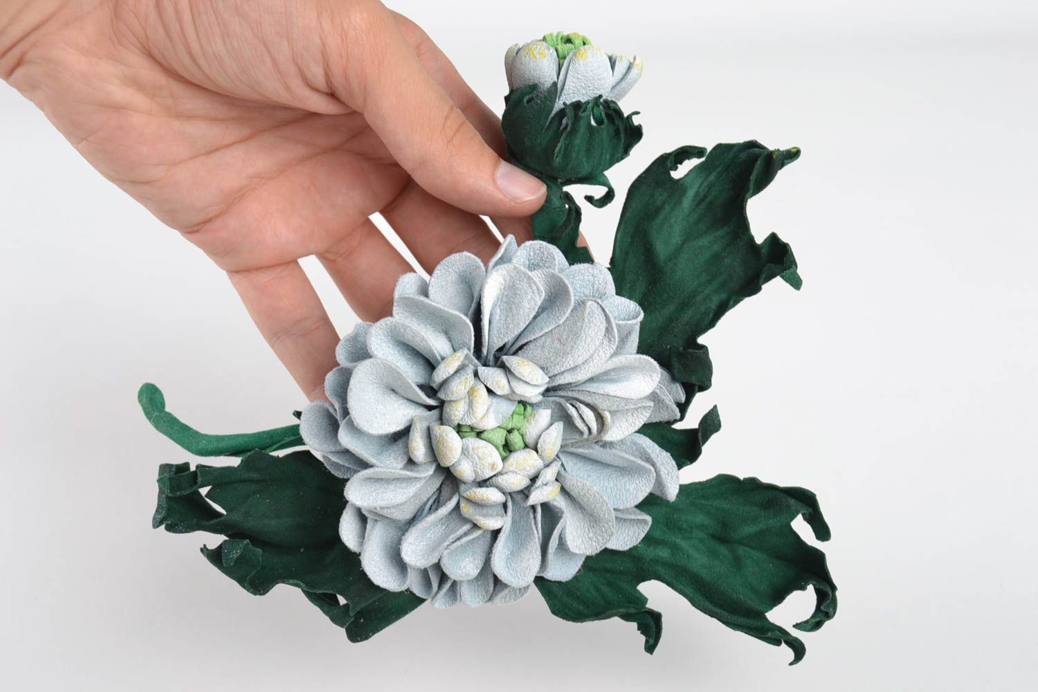 Grosse broche fleur faite main en cuir naturel originale Accessoire femme photo 5