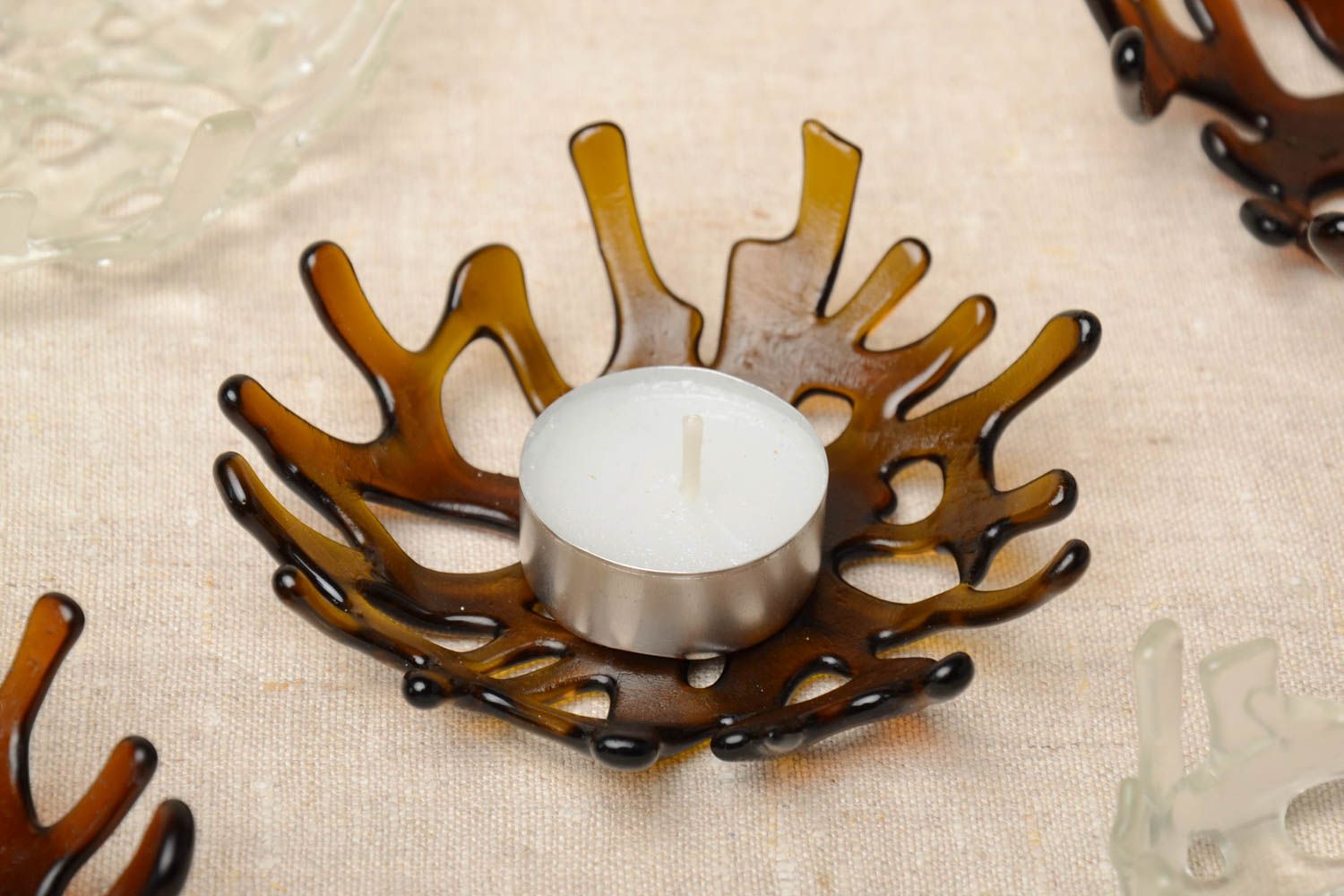 Origineller Kerzenhalter aus Glas für Teelichter Fusing Technik handmade braun foto 1