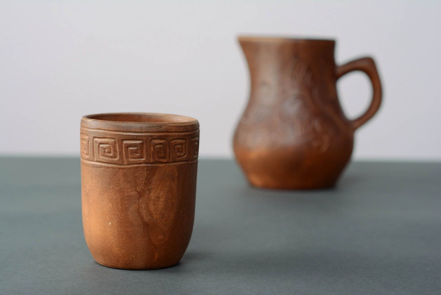 8 oz red clay milk cup without handle with Greek-style pattern photo 1