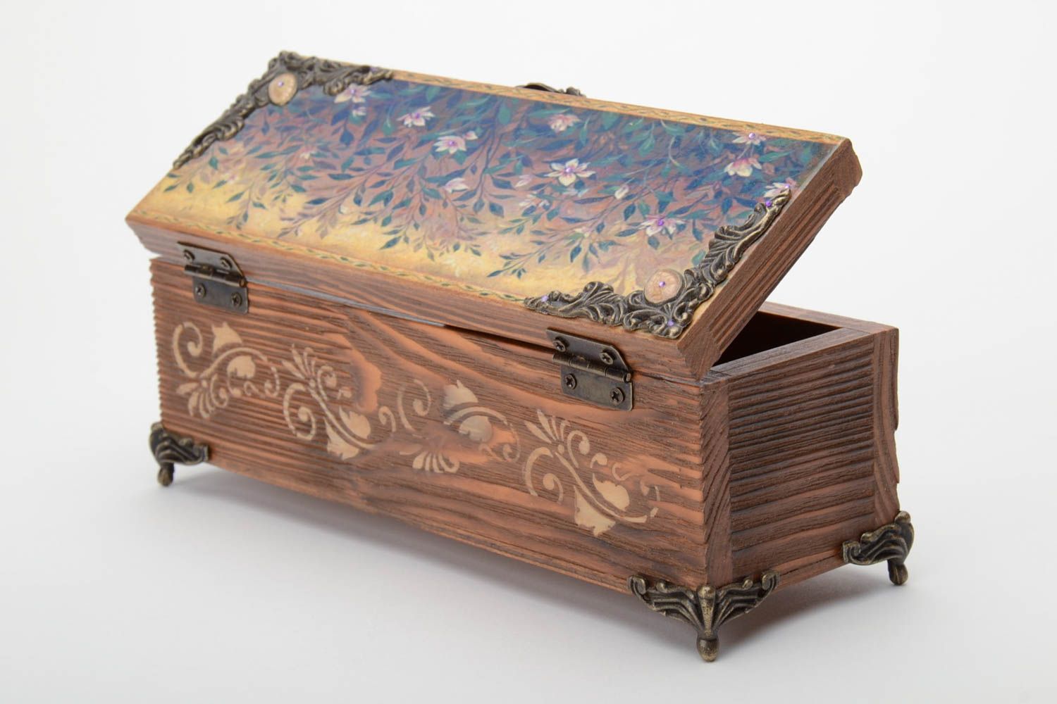 Handmade decoupage pine wood rectangular box with drawing photo 2
