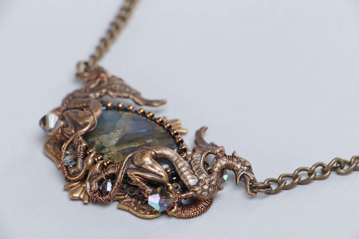 Handmade metal pendant necklace with labradorite stone on chain in elven style photo 3
