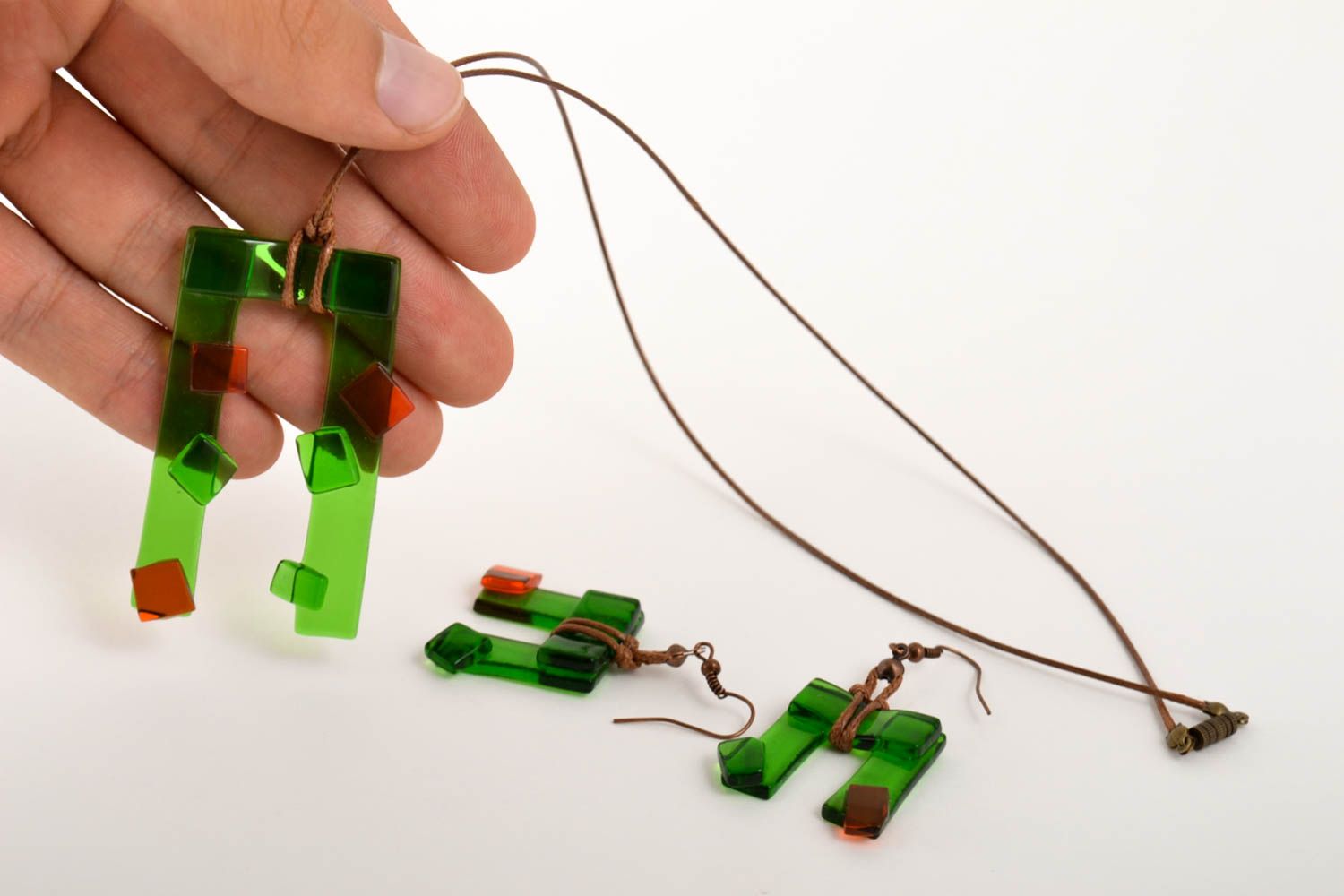 Set of handmade glass pendant and earrings glass bijouterie handmade accessory  photo 5
