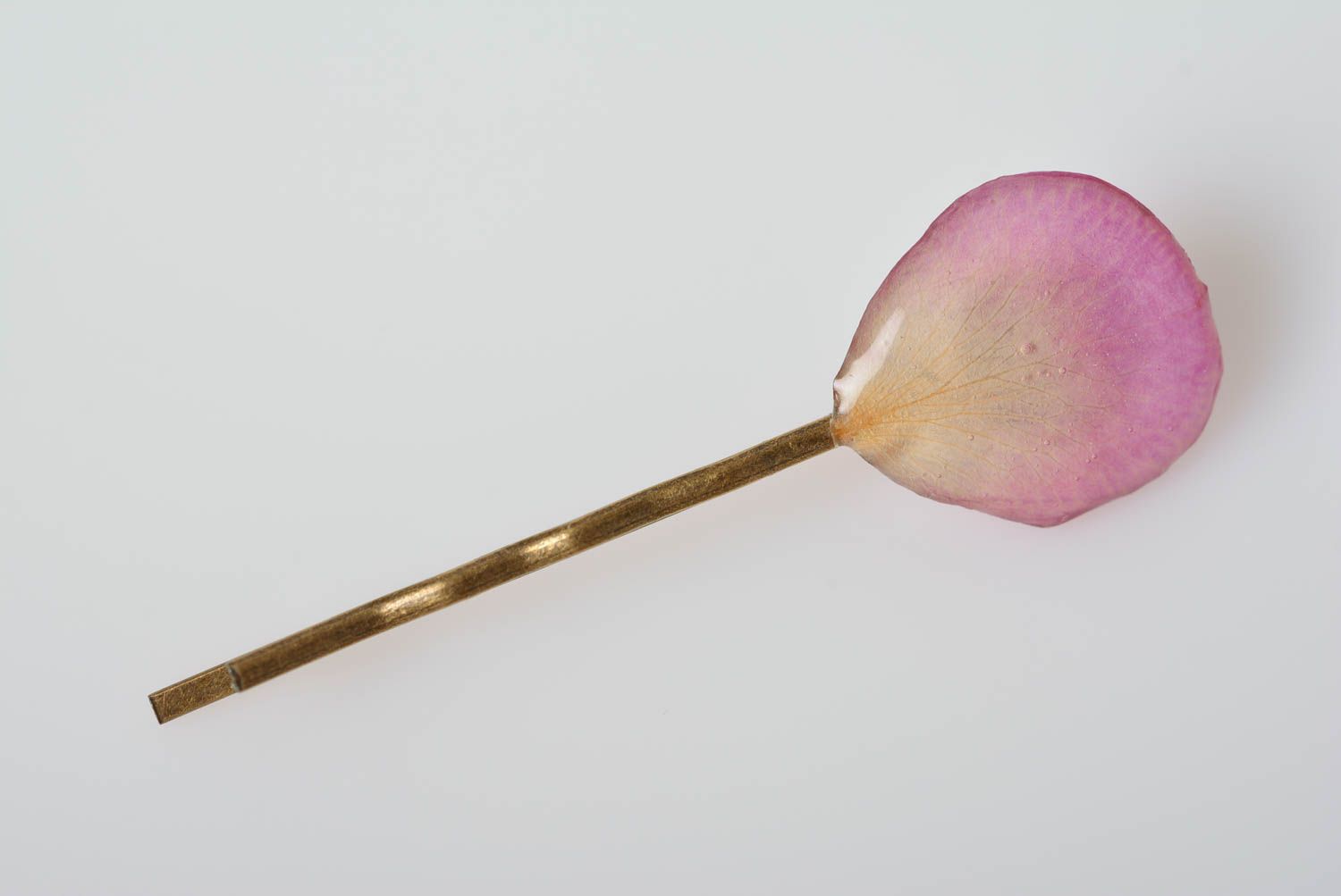 Handmade decorative metal hair pin with dried flower petal in epoxy resin photo 5
