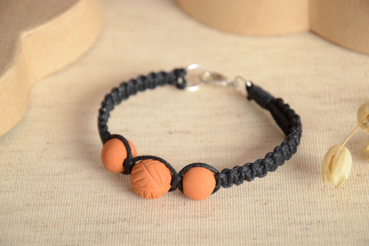 Unusual handmade woven cord bracelet with beads ceramic jewelry gifts for her photo 2