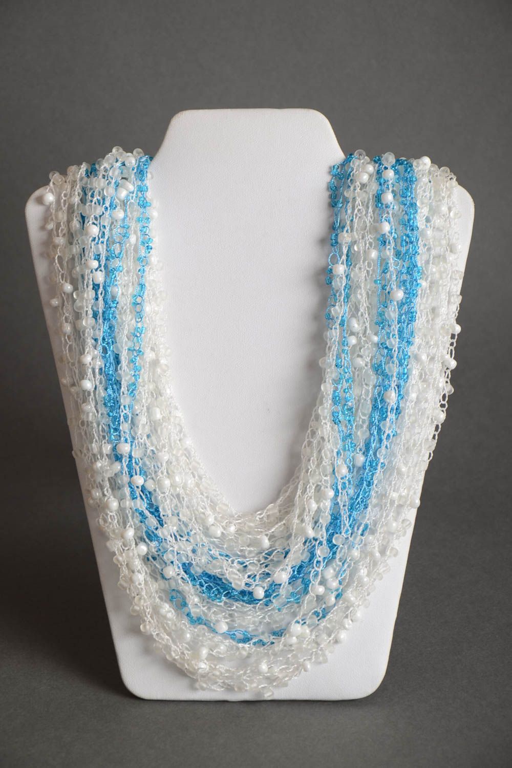 White and blue handmade multirow airy beaded necklace beautiful jewelry photo 2