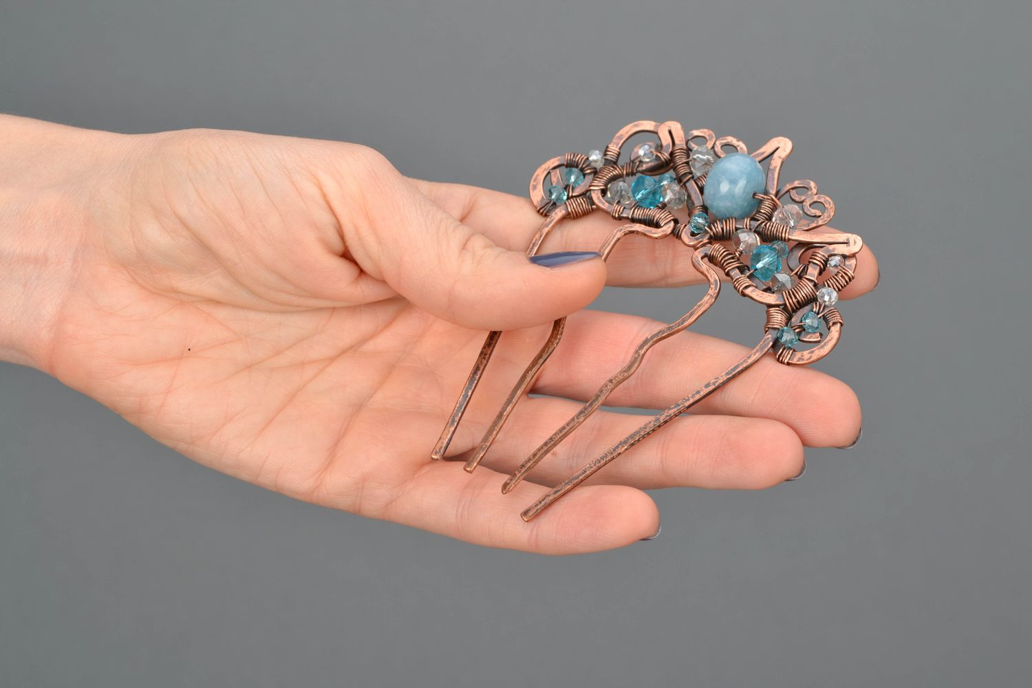 Wire wrap copper hair comb with stones photo 2