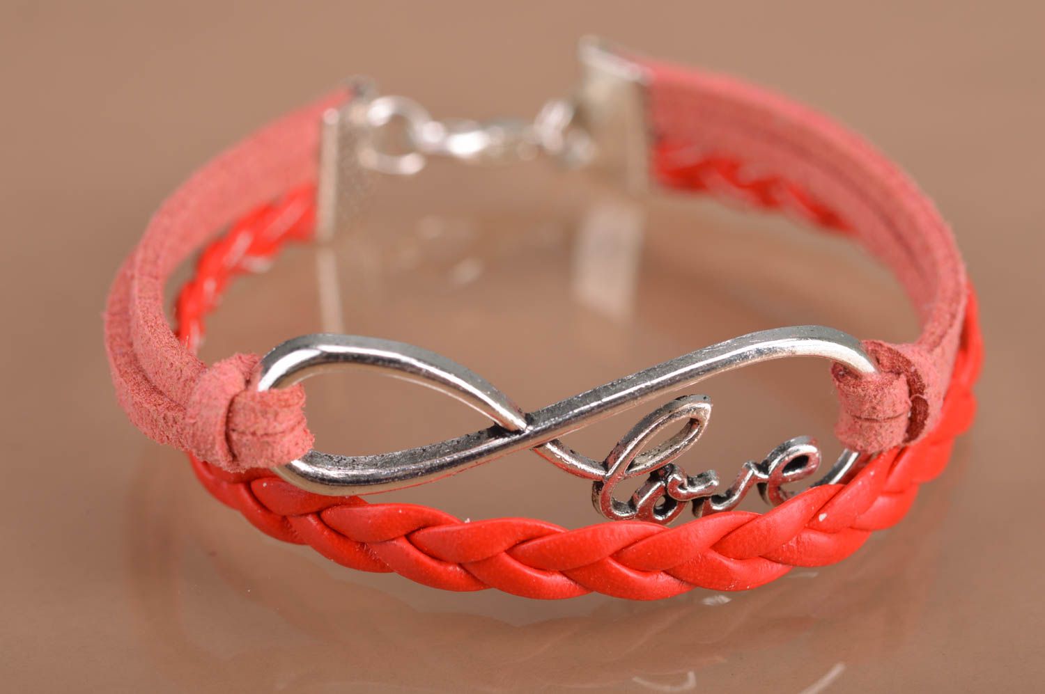 Designer red suede cord handmade wrist bracelet woven with metal insert Love photo 2