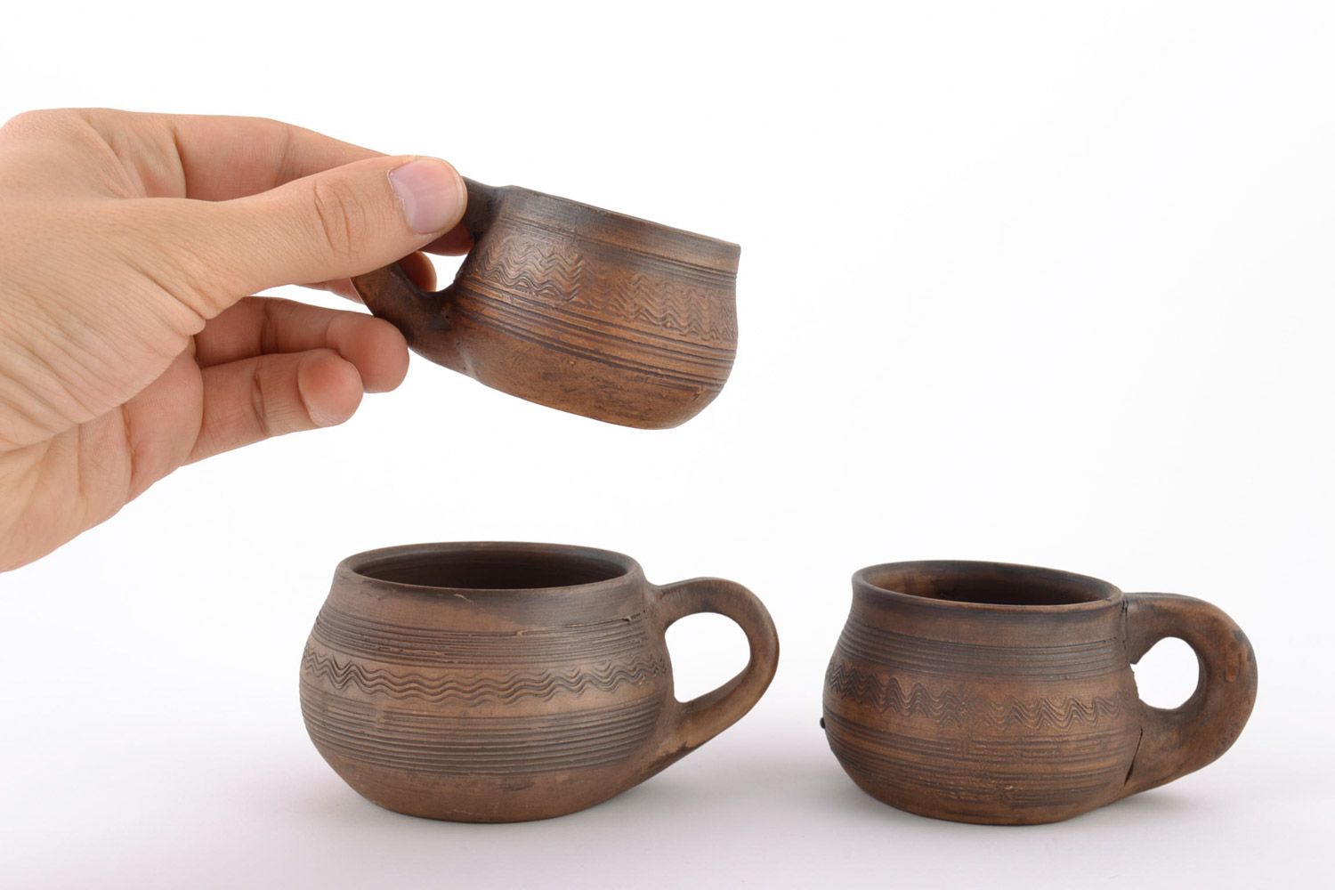 Set of three clay cups for coffee of 1 oz,  2 oz, and 3 oz volume photo 2