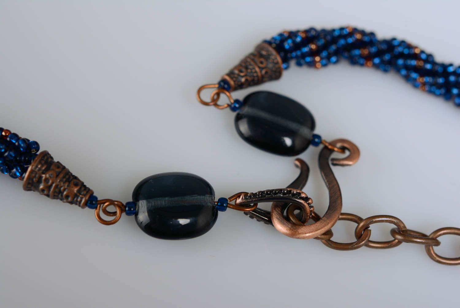 Collier avec gros pendentif en perles de rocaille agate ammonites bleu fait main photo 5