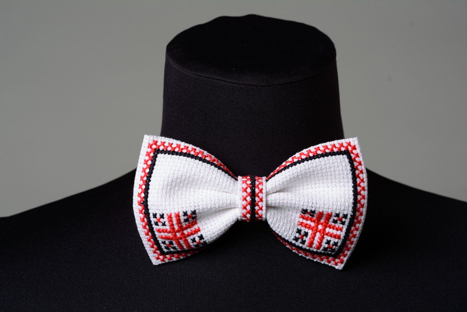 Handmade bow tie with ethnic cross stitch embroidery photo 1