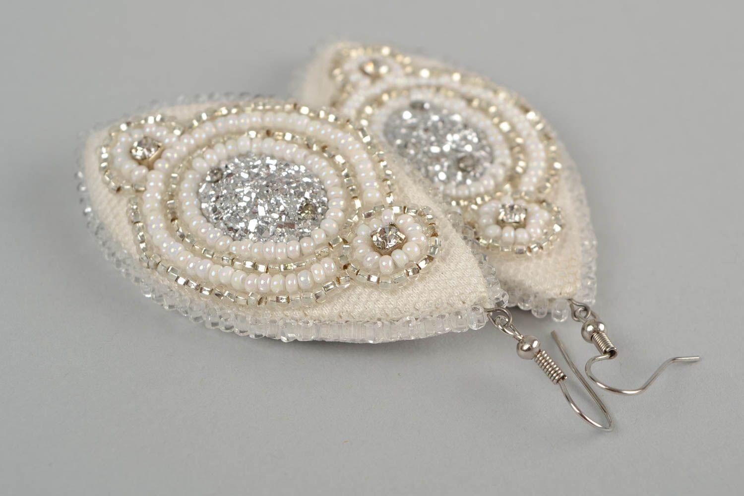 Designer handmade long beaded beautiful earrings white with gold  photo 1