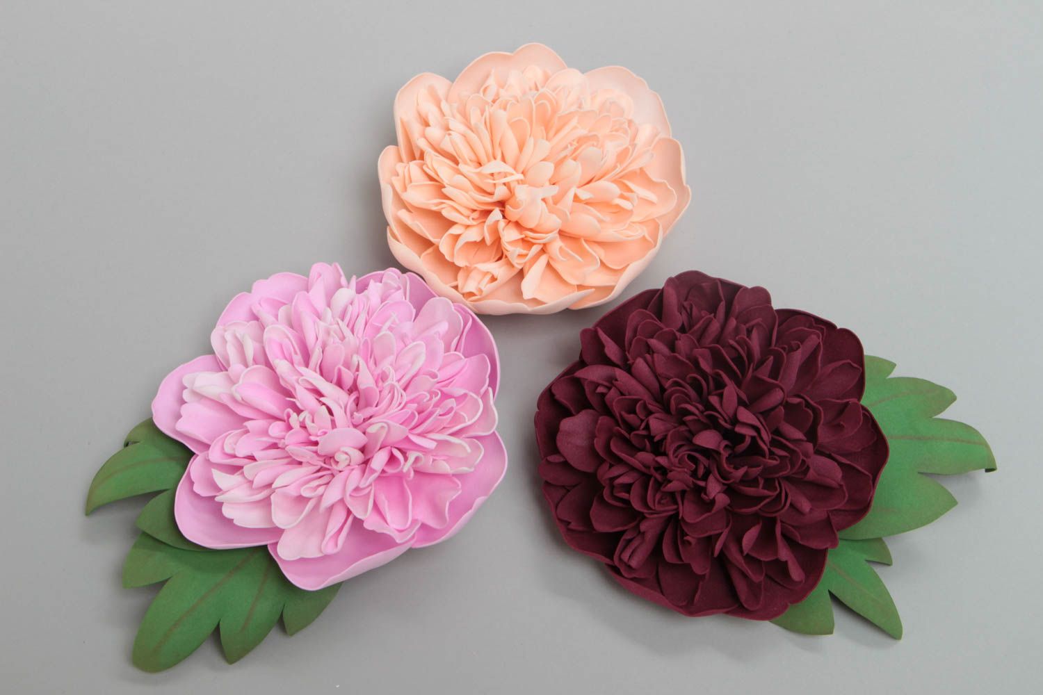Set of 3 handmade designer brooches with volume large foamiran flowers photo 2