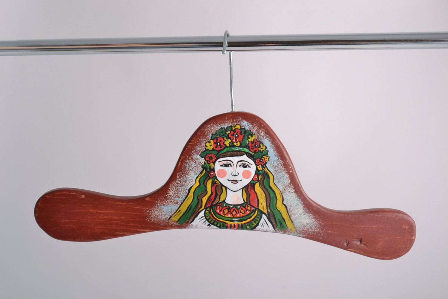 Handmade decorative wooden clothes hanger with painted image of Ukrainian girl photo 1