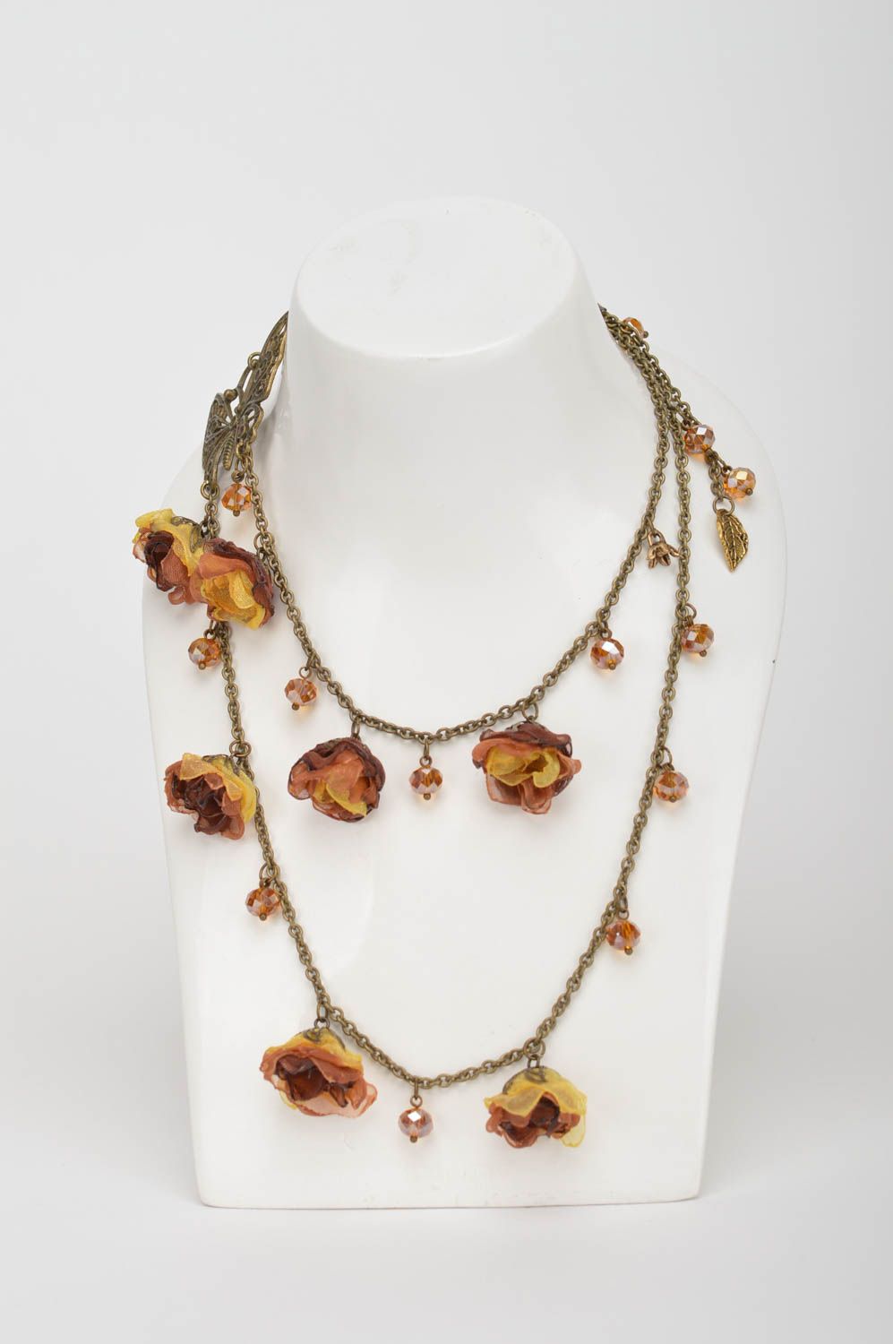 Damen Collier Blumen Halskette handgemachter Schmuck braun mit Schmetterlingen foto 1