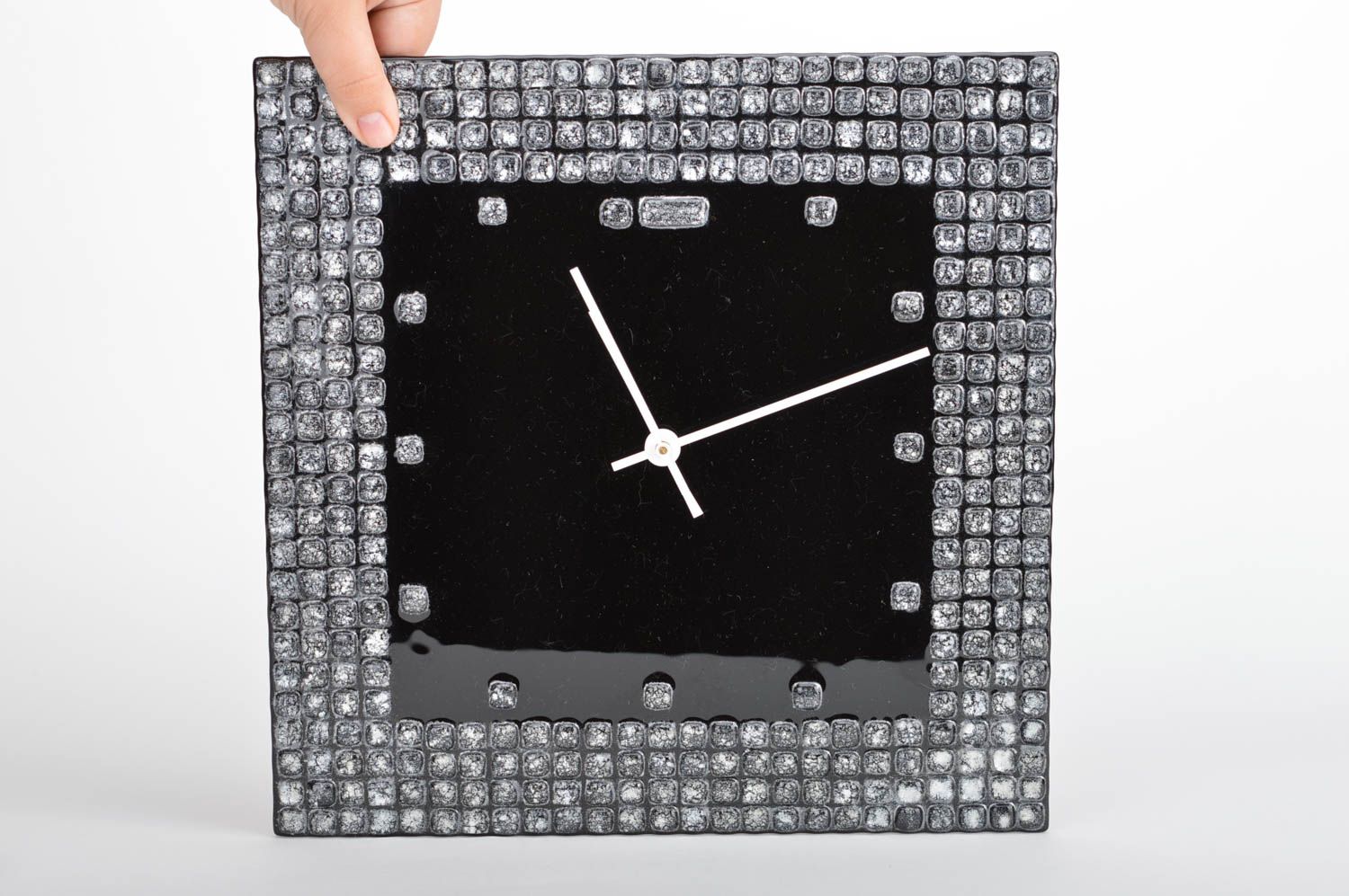 Handmade square fused glass decorative wall clock black and silver for interior  photo 3
