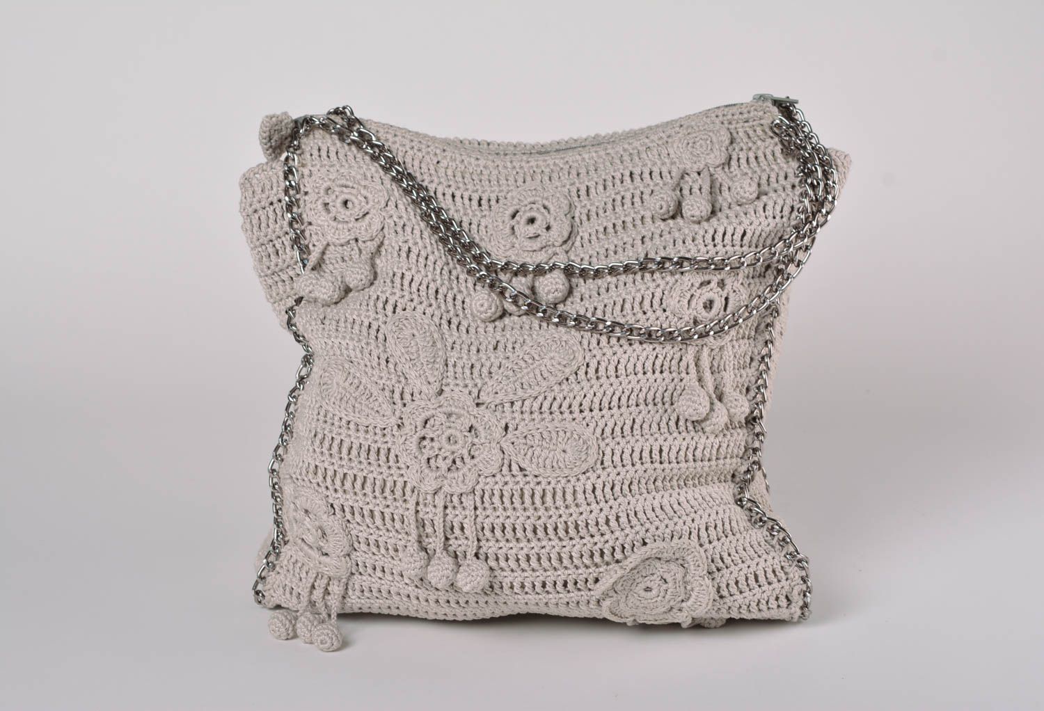Crocheted purse made of cotton yarns handmade gray stylish handbag for women photo 1