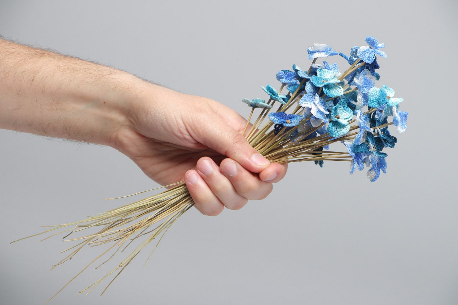 Bouquet of 43 blue decorative field flowers crocheted of cotton on acacia stalks photo 5