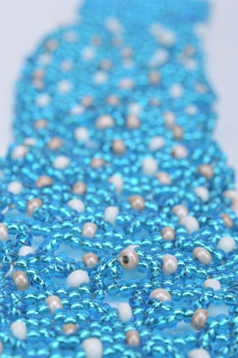 Handmade designer wide lace wrist bracelet woven of blue beads Cornflowers photo 3