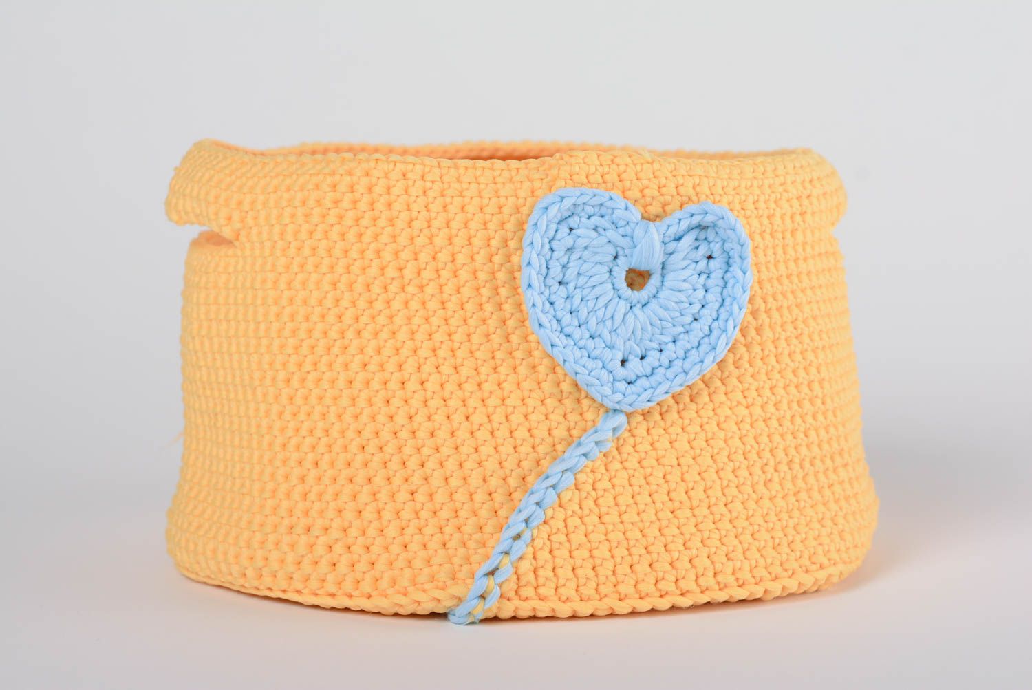 Handmade decorative small orange crochet basket with blue heart decor and handles photo 3