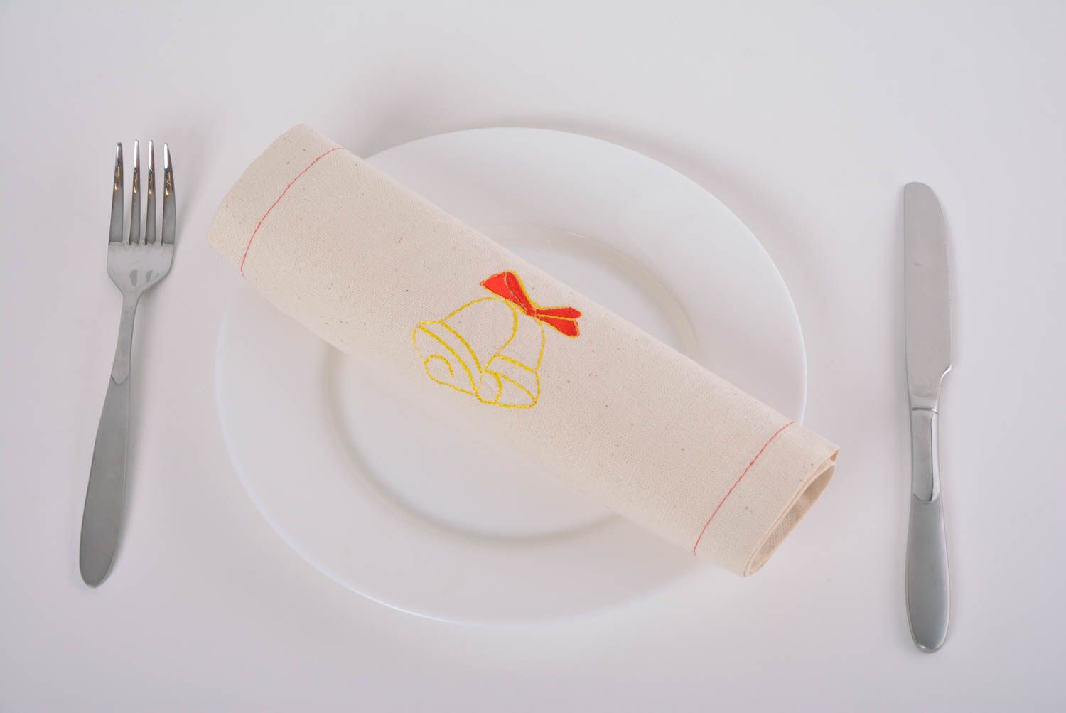 Handmade designer semi linen cloth napkin with embroidered bells Christmas photo 4