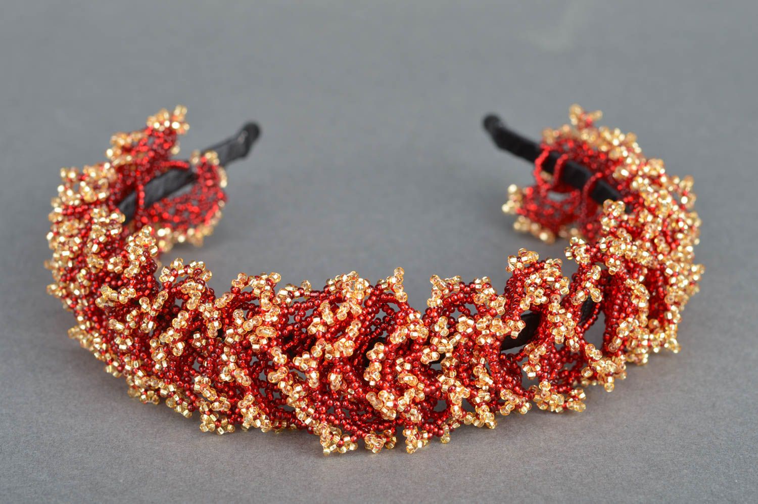 Unusual beautiful handmade designer beaded lace headband red and gold photo 5