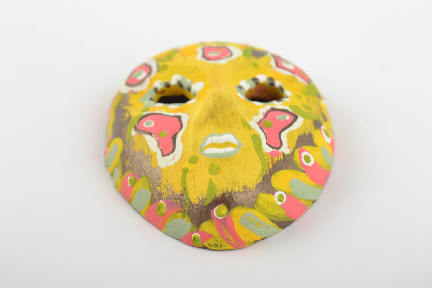 Handmade yellow painted fridge magnet made of clay in shape of souvenir mask  photo 5