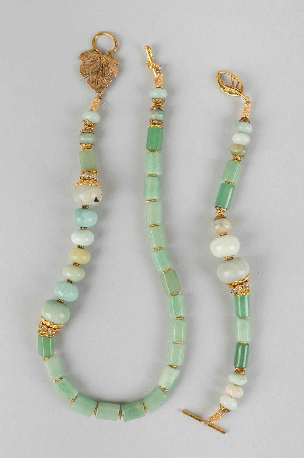 Handmade natural stone jewelry set necklace and bracelet jadeite and aventurine photo 2