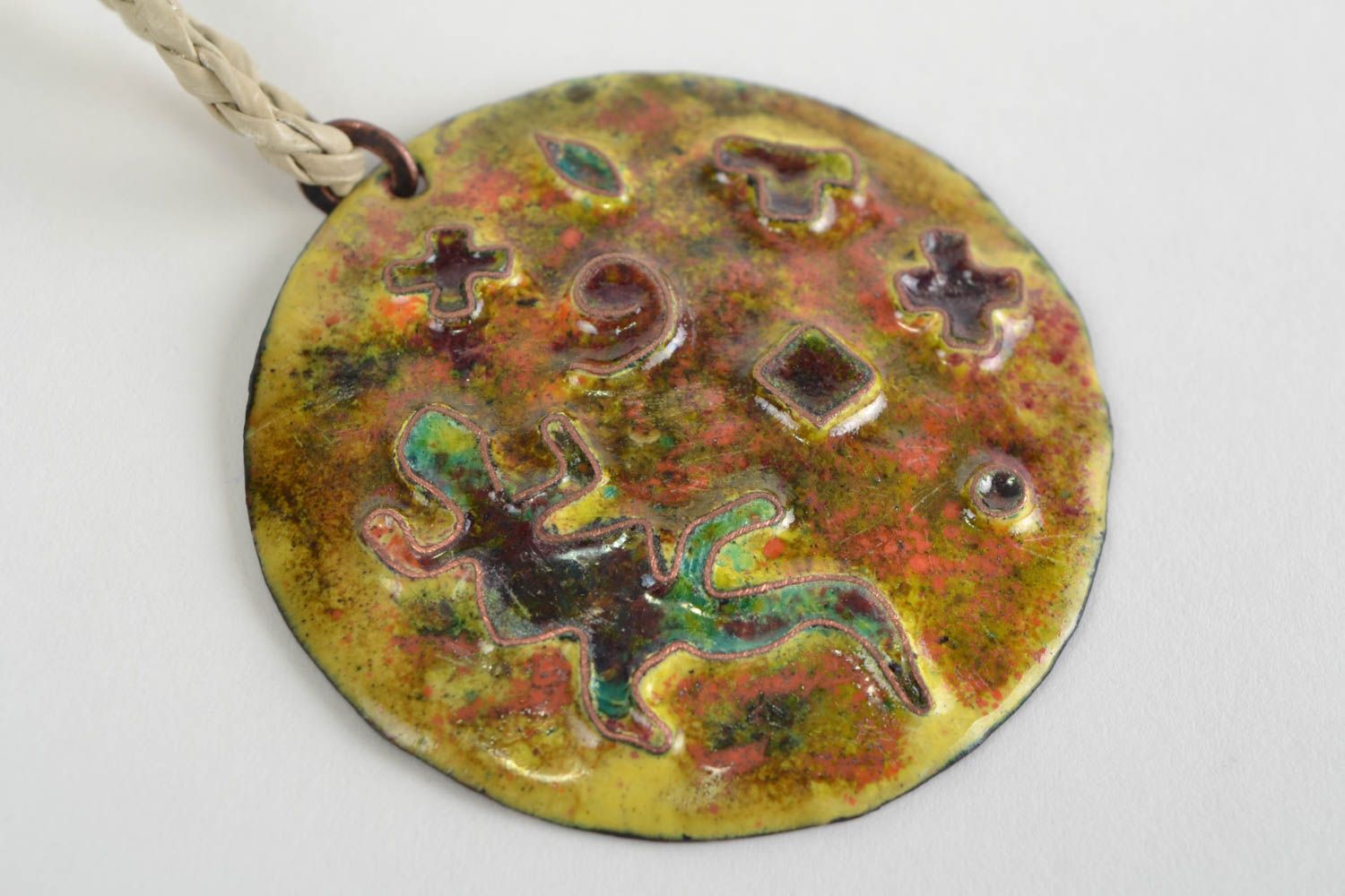 Handmade round copper pendant necklace with colorful enamel painting on cord photo 3