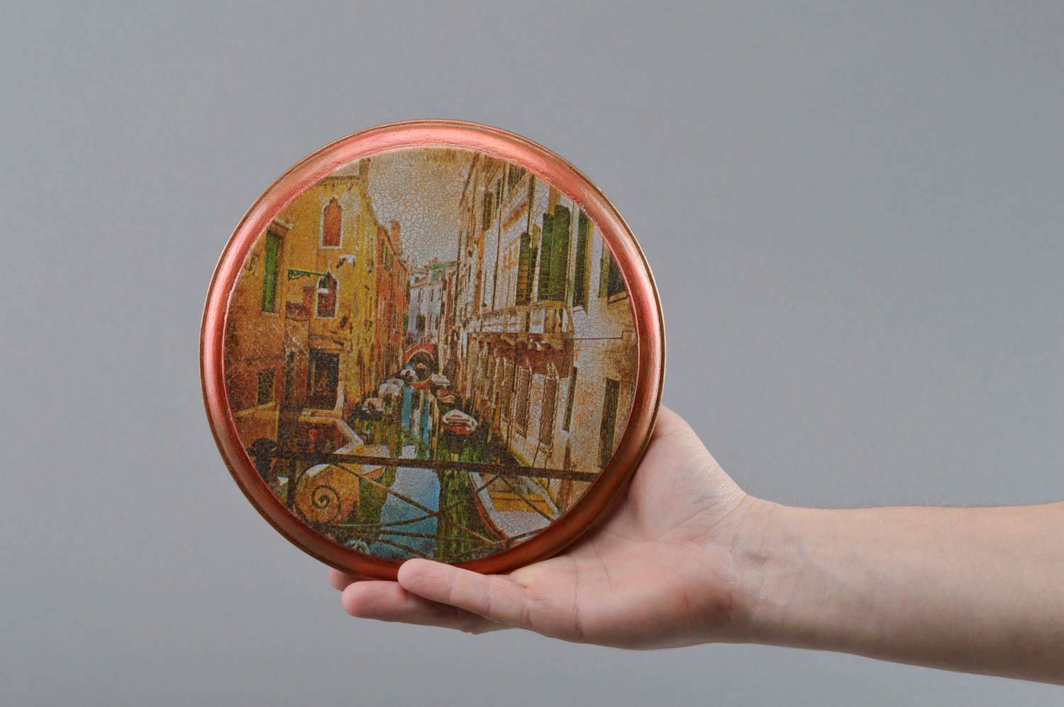 Handmade wall round wooden picture made using decoupage technique Venice photo 4